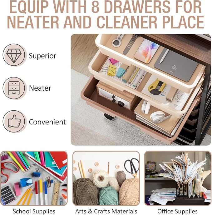 TOOLF Rolling Storage Cart with 8 Drawers,Brown | Utility Cart on Wheels with Wooden Tabletop,Teacher Organization for Classroom, Art Cart for Office,Bedroom,Craft Room - Image 4