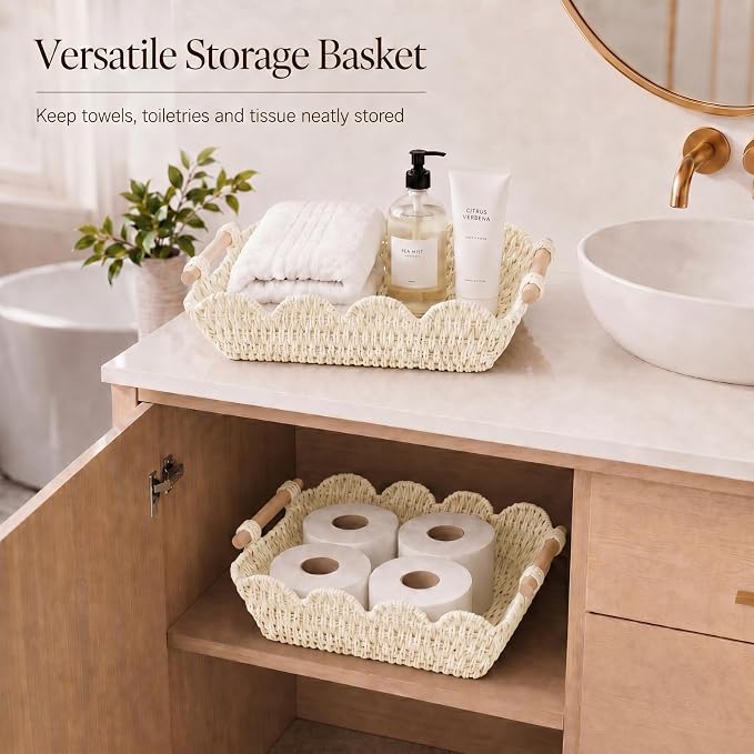 Coeusy Scalloped Basket, Paper Rope Basket for Gifts with Handles, Cute Storage Basket for Display,Decorative,Shelves,Snack,2 Pack, White - Image 4