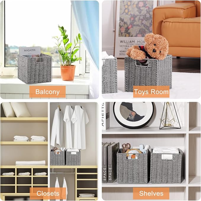 Storage Basket, Set of 2 Hand-Woven Paper Rope Wicker Baskets for Storage, Foldable Cube Storage Bins Organizer, 9 inch Medium Wicker Storage Baskets for Shelves Pantry Organizing Decor, Grey - Image 4