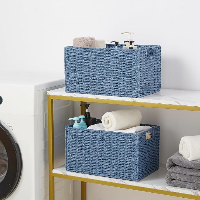 Wicker Storage Basket, Set of 2 Hand-Woven Paper Rope Wicker Basket, Large Storage Baskets for Organizing Toilet Paper, Foldable Cube Storage Organizer Bins for Shelves (Blue) - Image 4