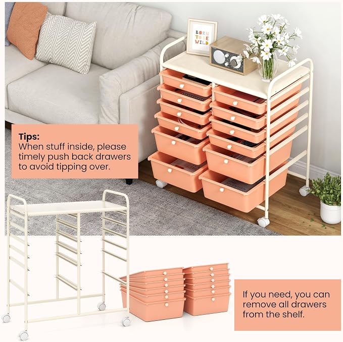 Giantex 12 Drawers Rolling Storage Cart, Classroom Organizers with Wheels for Tools Scrapbook Craft Paper Teacher Office School Supplies (Peach Fuzz) - Image 5