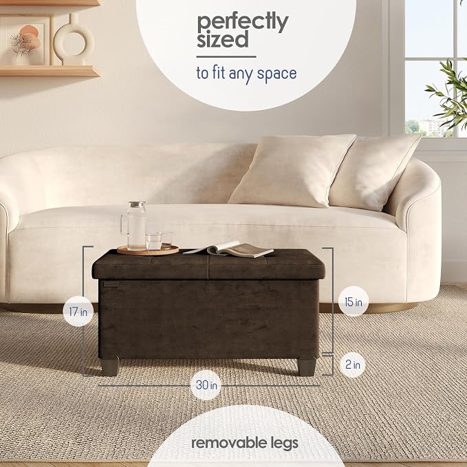 Storage Ottoman Bench with Bins, 30-in Storage Bench for Bedroom End of Bed, Folding Foot Rest Ottoman for Living Room Max 660lbs, Velvet Ottomans, Brown - Image 9