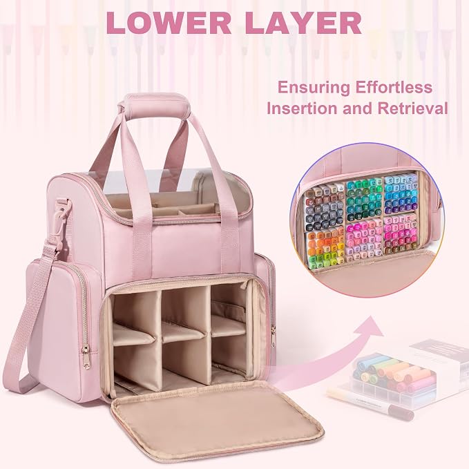 Rexmica Double Layer Marker Organizer Bag for 400 Markers, Pink | Inner Dividers, Shoulder Strap, Large Marker Storage Case for Art Marker/Coloring Book/Painting Supplies, Patented Design - Image 3