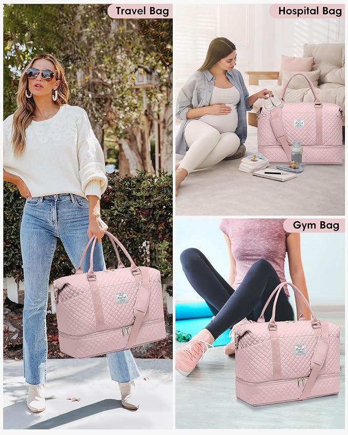 Weekender Duffle Bags for Women - Travel Duffel with Shoe Compartment, Carry On Overnight Bag, Gym Tote with Wet Pocket, Pink - Image 2