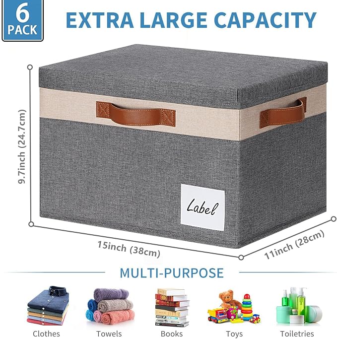 GhvyenntteS Large Storage Bins with Lids 6 Pack, Large Closet Storage Bin with Lid and 3 PU Handles, Foldable Fabric Storage Boxes with Label Window for Home Office (Beige, 15" x 11" x 9.7") - Image 2