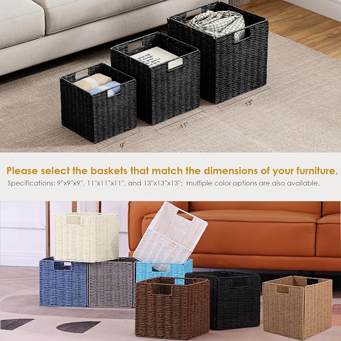 Wicker Storage Basket, Set of 2 Hand-Woven Storage Baskets for Shelves, Foldable Cube Storage Baskets Bins with Handles, 9 inch Small Wicker Baskets for Organizing Pantry Bedroom, Brown - Image 8