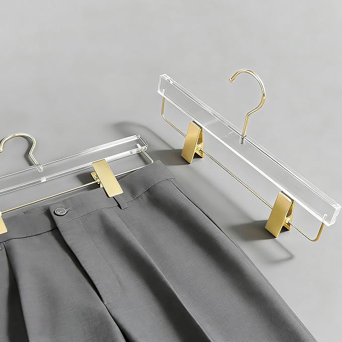 Acrylic Hangers,Clear Hangers with Gold Hooks,Luxurious Skirt Pants Hangers Gold Clips for Clothing Closet Storage 20 pcs - Image 3