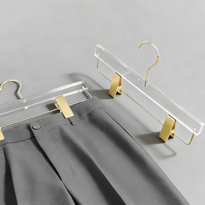 Acrylic Hangers,Clear Hangers with Gold Hooks,Luxurious Skirt Pants Hangers Gold Clips for Clothing Closet Storage 10 pcs - Image 3