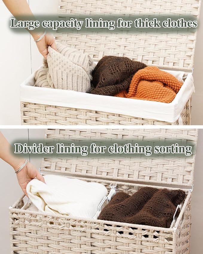 SETVSON Laundry Hamper with Lid PE Rattan Laundry Basket, Light Khaki | Decorative Furniture Look for Bathroom & Bedroom, 2-Section Large Wicker Hamper, 2 Cloth Bags, 6 Mesh Bags Included - Image 3