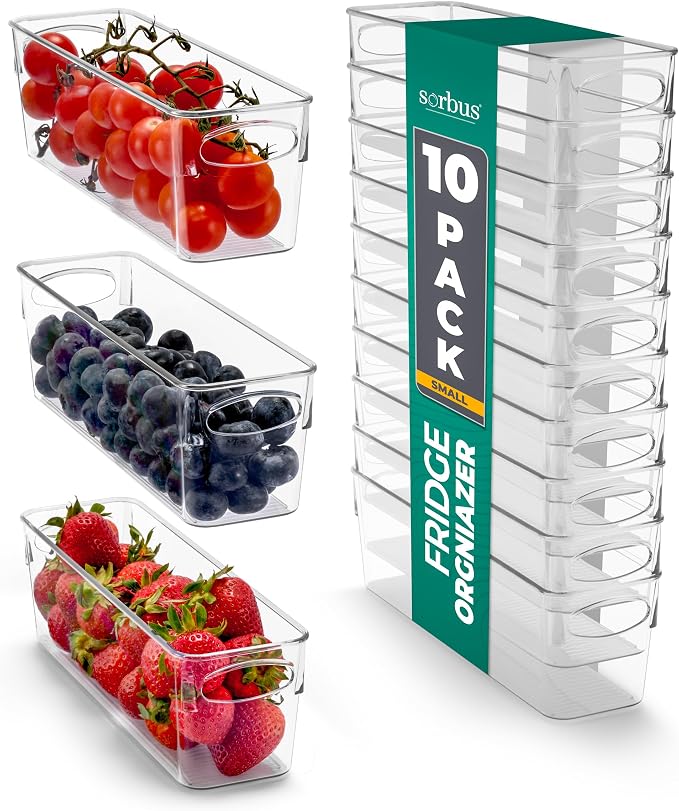 Sorbus Fridge Organizers and Storage, Clear Bins (Small, 10 Pack) | Plastic bin with easy access for cabinets, packaged food, produce and household supplies; contents stay visible for sorting by Sorbus