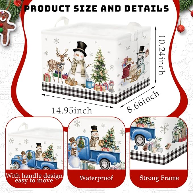 CHENGU 6 Pack Winter Storage Basket Collapsible Winter Basket for Gifts Buffalo Plaid Holiday Decor Large Snowman Bin Foldable Tree Box with Handle for Bedroom Office Home - Image 3