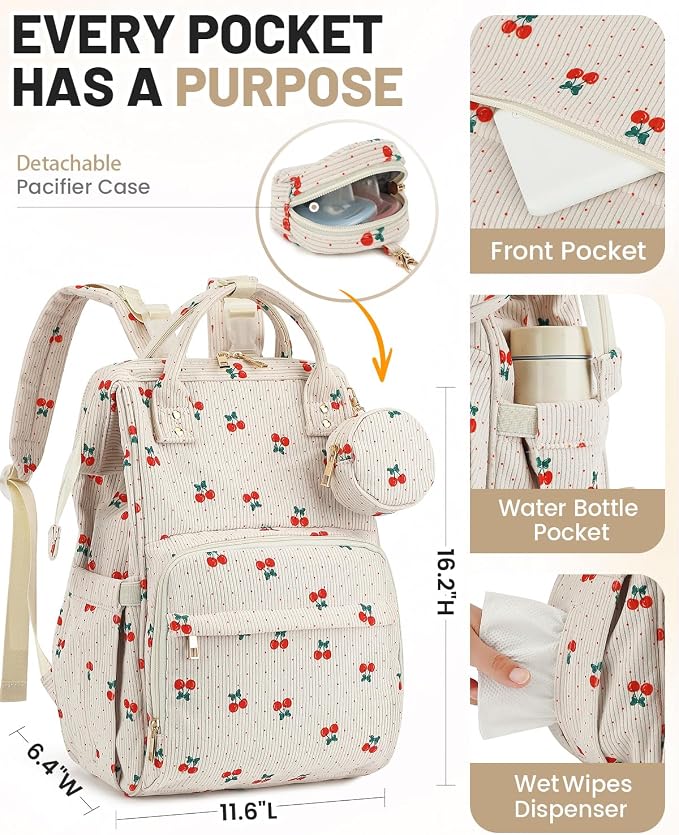 Corduroy Diaper Bag Backpack, Large Capacity Multifunction Baby Diaper Bags for Women, Insulated Bottle Pockets & Pacifier Case, Stylish Travel Nappy Changing Bags for Mom Dad (Cherry) - Image 5