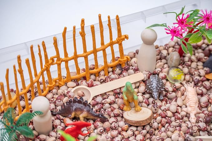 Dinosaur Sensory Bin Kit for Kids | Taste-Safe Pinto Beans, Fossil Skeletons, Trees, Volcano & Durable Wooden Tools – Includes Storage Bin - Image 3