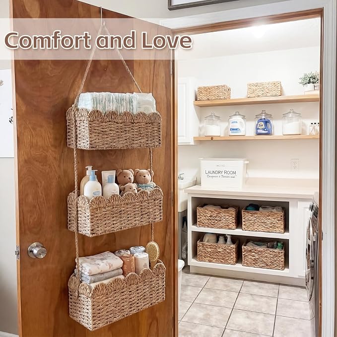 Qunclay Over The Door Hanging Basket 3-tier Decorative Hanging Nursery Baskets Large Baby Diaper Caddy Wall Mounted Woven Organizer for Home Bedroom Living Room Baby Shower Gifts - Image 6