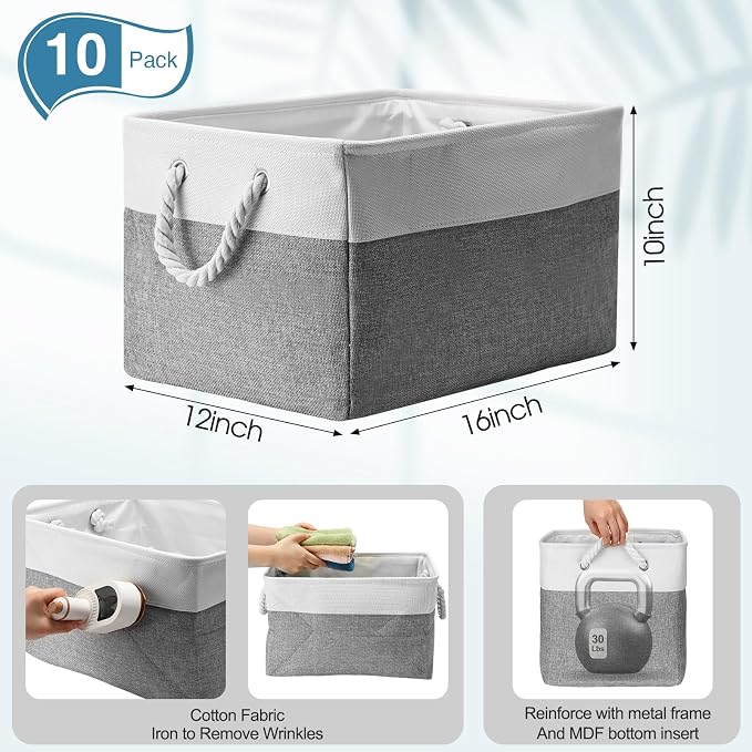 FoldTier 10 Pack Large Collapsible Fabric Storage Baskets with Handles Decorative Storage Bins for Organizing Shelves Toys Clothes(White & Gray,16 x 12 x 10 Inches) - Image 2