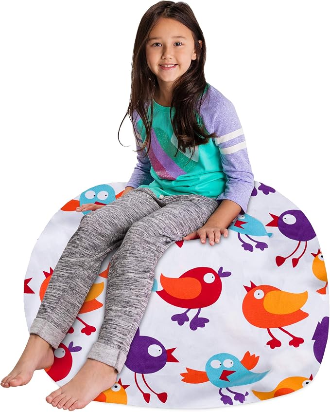 Posh Stuffable Kids Stuffed Animal Storage Bean Bag Chair Cover - Childrens Toy Organizer, Large 38" - Canvas Birds on White - Image 4