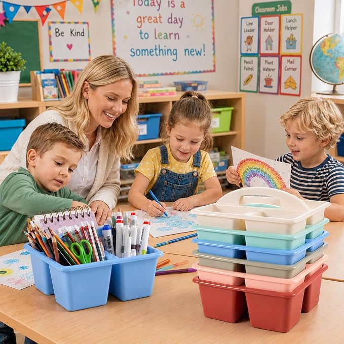 gisgfim 12 Pack Classroom Caddy with Handle Plastic Storage Caddy Organizer with 3 Compartments Desk Caddies Holder Portable Storage Bin for Pencil, Crayon, Marker, Home, Office, School Supply(Retro) - Image 5