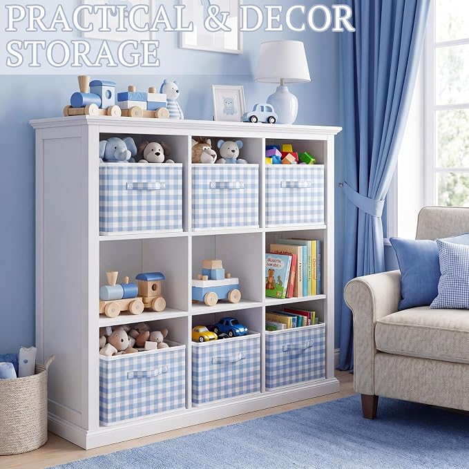 Yalikop 6 Pcs Blue Gingham Cube Storage Bins, 11 Inch Fabric Checkered Classroom Storage Bins Organizer with Handle Preppy Collapsible Cubby Basket for Classroom Home Nursery Playroom Bedroom - Image 5