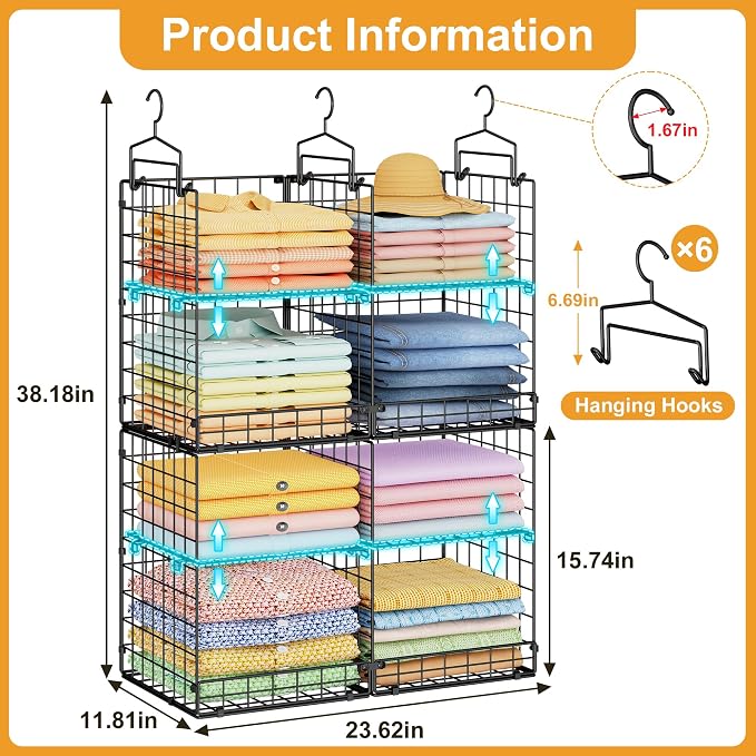 Hanging Closet Organizer with DIY Spacing, Double-Row Closet Hanging Shelves with 4 Adjustable Dividers & 6 Hooks, Heavy Duty Metal Closet Storage Organizer with Front Guard, Split into 2 Units - Image 9