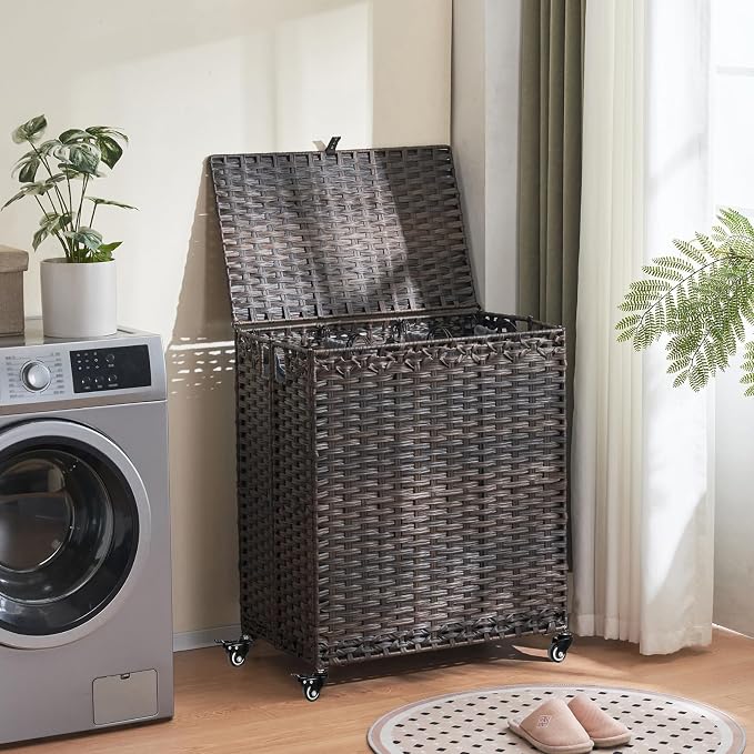 Laundry Hamper with Wheels&Lid, 50.2 Gallons(190L) Rolling Laundry Basket with Wheels, 3-Section Laundry Hamper, Handwoven Rattan Clothes Hamper with 6 Removable Liner& 3 Mesh Laundry Bags, Brown - Image 2