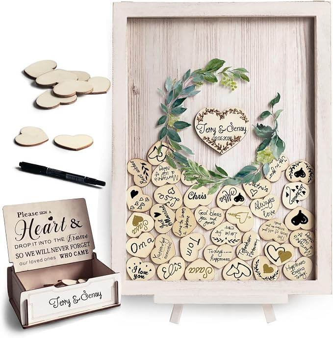 Y&K Homish Wedding Guest Book Alternative, Rustic Wedding Decorations for Reception, Favors for Guests 80 Hearts Green Wreath (Antique White) by YKHomish