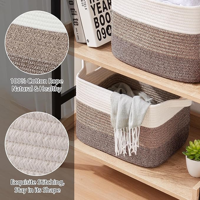 OIASKET Storage Baskets for Organizing, Woven Baskets for Shelves, Rectangle Decorative Organizer for Storage Clothes, Toy, Books, Towels Nursery Bins 3 Pack (Gradient Dark Brown, 13"x9.85"x8.7") - Image 4