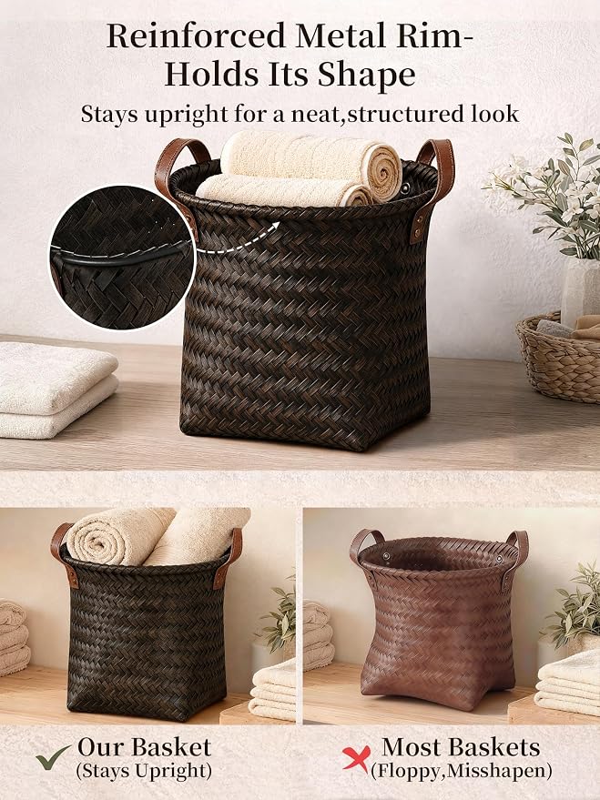 Wicker Storage Baskets, 4 Pack Woven Baskets for Shelves, Dark Gold | PP Rattan, Water-resistant Wicker Basket, Large Baskets with Faux Leather Handles for Blanket, Laundry Organizer, Room Decor - Image 4
