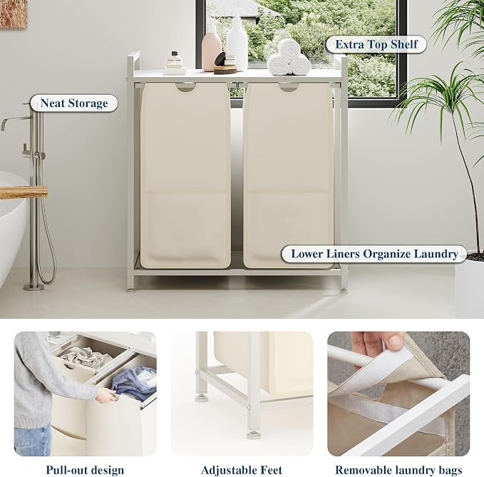 Garvee 97L Laundry Basket 2 Section, Laundry Hamper with Shelf & 2 Removable Bags, Dirty Clothes Basket Organizer for Bathroom Bedroom Room Organization, 2 x 12.8 Gal (48.5L), White and Beige | Laundry Basket with Shelf & 2 Removable Bags, Dirty Clothe... - Image 4