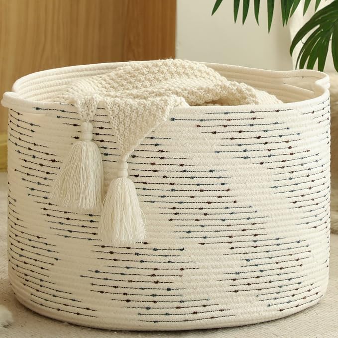 KAKAMAY Large Blanket Basket (20"x13"),Woven Baskets for storage Baby Laundry Hamper，Cotton Rope Blanket Basket for Living Room, Laundry, Nursery, Pillows, Off White with Blue & Brown Dotted Pattern | Extra Large Capacity | Natural Cotton Rope | Blanke... by KAKAMAY