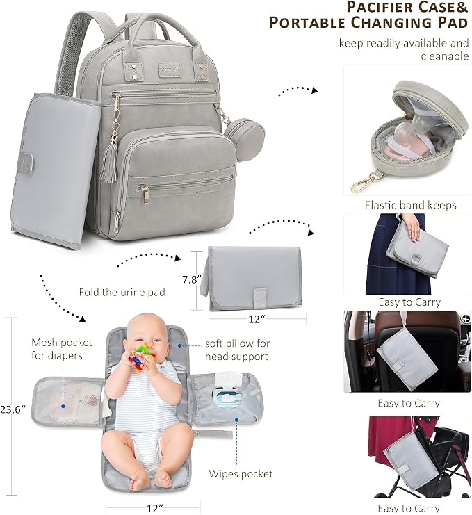 ROSEGIN Premium Vegan Leather Diaper Bag Backpack with Waterproof Changing Pad, Reinforced Zippers & Odor-Free, 20 Pockets Pro Organizer, Fits 15.6" Laptop, Stroller Straps, Baby Bag for Mom, Grey - Image 3