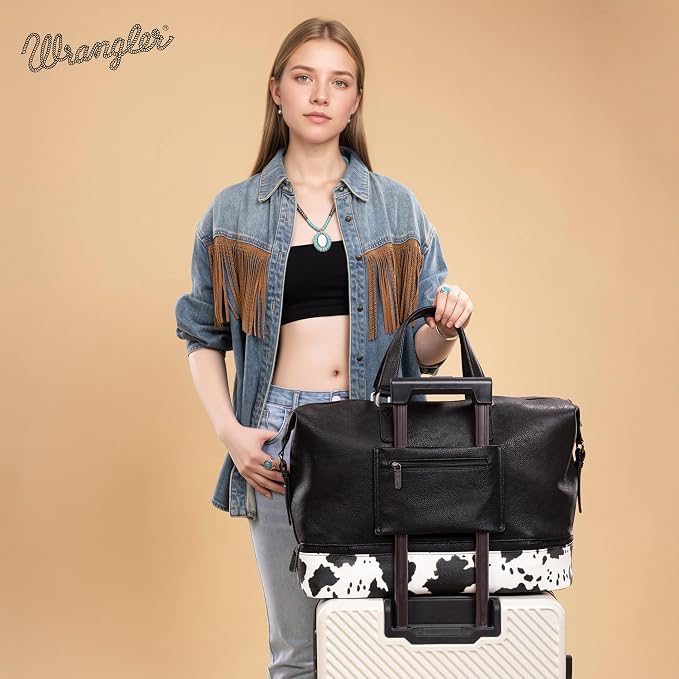 Wrangler Travel Duffel Bag Carry On Overnight Bag with Shoe Compartment Cow Print Weekender Bag for Women WG253-5110COW-BK - Image 5