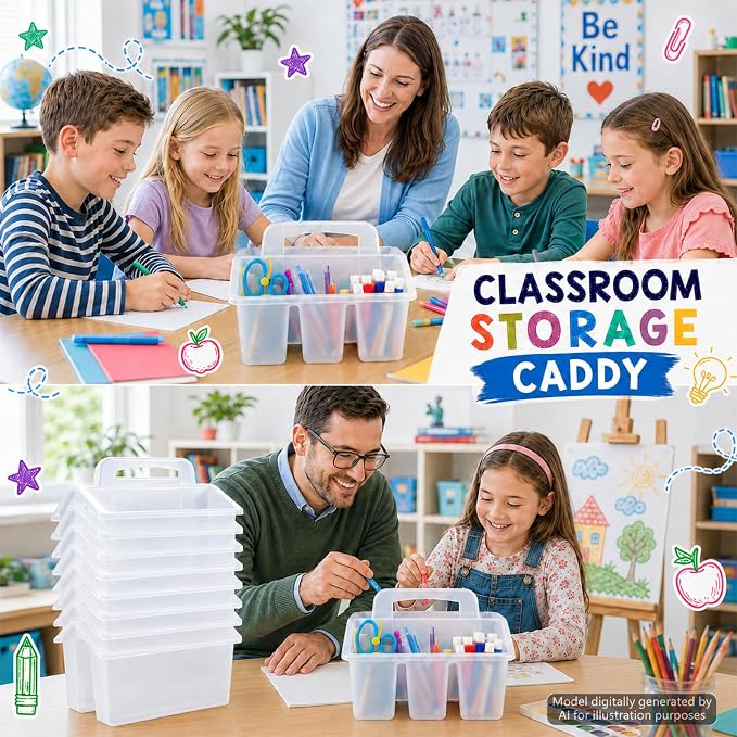 8 Pack Classroom Caddy Storage Basket with Handle 4 Compartment Storage Caddy Plastic Arts Crafts Caddies Protable Classroom Craft Caddies for Students Schools Art Craft Supplies(Clear) - Image 6