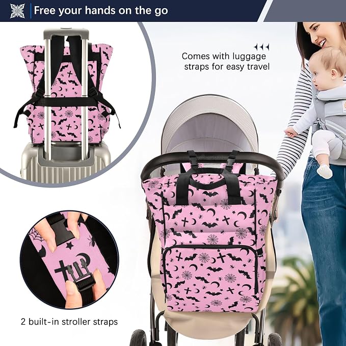 Mnsruu Diaper Bag Pink Goth with Bats Large Changing Backpack Multifunction Travel Tote Mommy Bag Baby Diaper Backpack for Mom Dad - Image 3