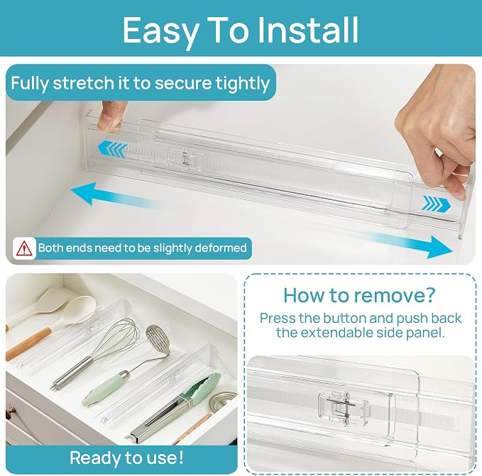 Vtopmart 4 Pack Shallow Drawer Dividers, 2.36" High 12.5"-20.8" Adjustable Expandable Kitchen Drawer Organizer, Clear Plastic Organizer Separators for Flatware, Utensil, Cutlery, Underwear, Clothes | Expandable Kitchen Drawer Organizer, Clear Plastic O... - Image 4