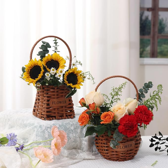 Set of 4 Flower Basket with Handle, QENUIITEA Imitation Rattan Woven Picnic Basket with Plastic Waterproof Lining, Flower Girl Baskets for Wedding Valentine's Day, Storage Basket for Home Decor - Image 4