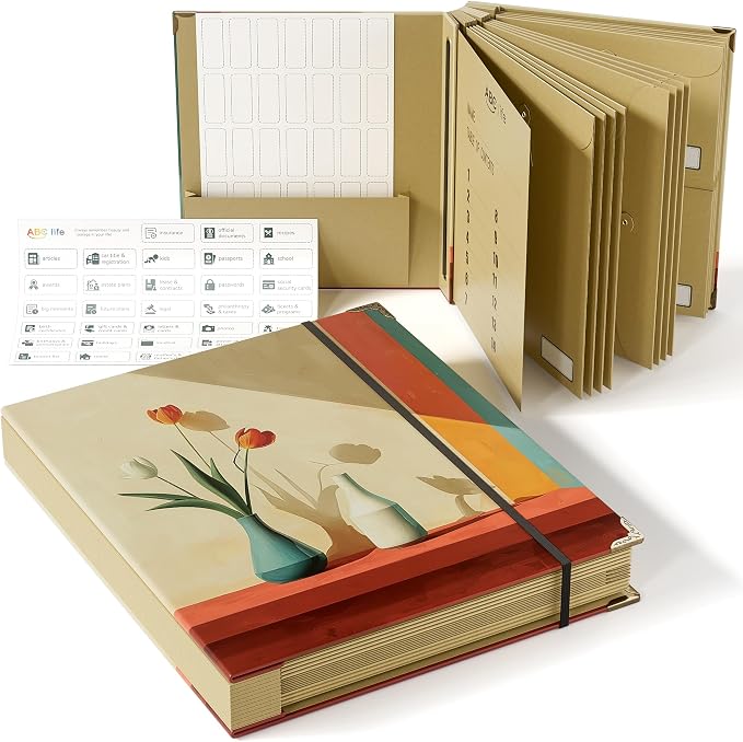 ABC life Important Document Organizer, Oil-Painted Vase Style | Spine-Free Design with Elastic Closure, for Important Papers, Passports, Birth Certificates, Passports, Photos and Letters by ABClife