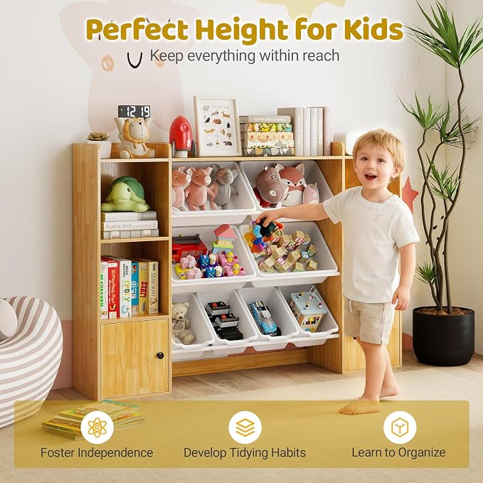 Costzon Kids Toy Storage Organizer w/ 8 Bins, Wooden Toddler Bookcase w/Open Shelves & Cabinet, Multifunctional Toy Storage Cabinet for Kids Room, Nursery & Playroom - Image 5