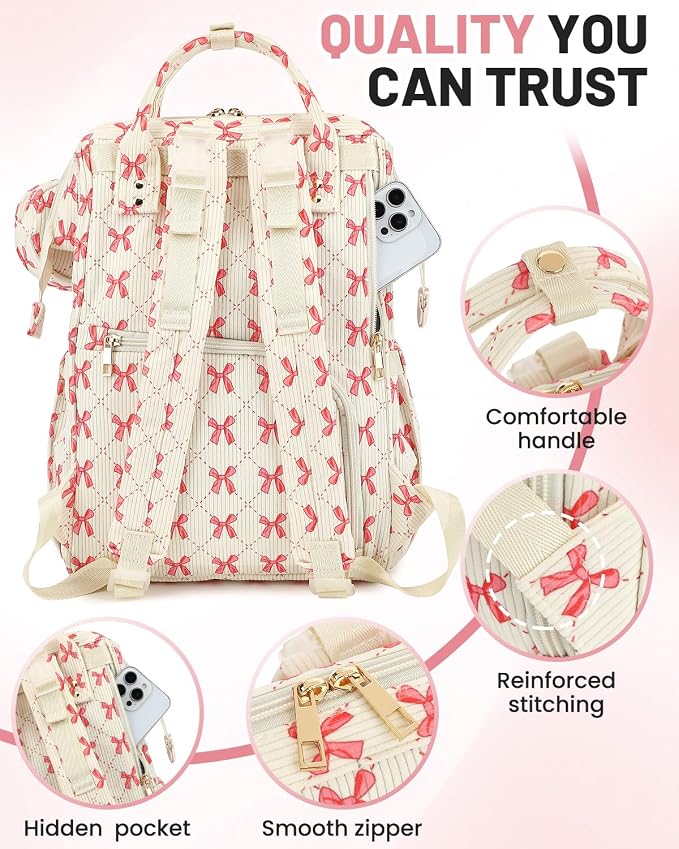 Corduroy Diaper Bag Backpack, Large Capacity Multifunction Baby Diaper Bags for Women, Insulated Bottle Pockets & Pacifier Case, Stylish Travel Nappy Changing Bags for Mom Dad (Bow Pink) - Image 6
