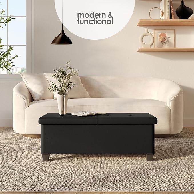 Storage Ottoman Bench with Bins, 43-in Storage Bench for Bedroom End of Bed, Folding Foot Rest Ottoman for Living Room Max 660lbs, Faux Leather Ottomans, Black - Image 2
