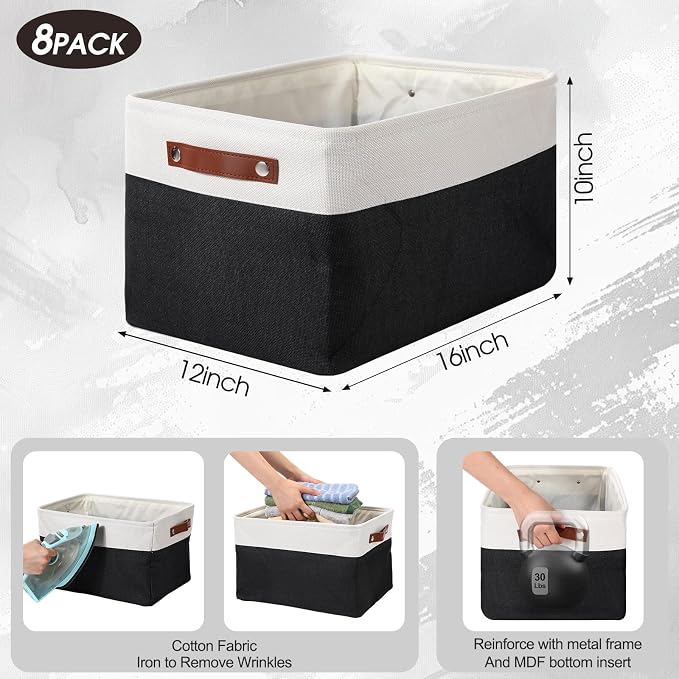 Uiifan 8 Pack 16 x 12 x 10 Inch Large Storage Baskets Collapsible Fabric Storage Cubes Bins with Handles for Shelves Closets Nursery Home Clothes Toys Organizers, Black - Image 2