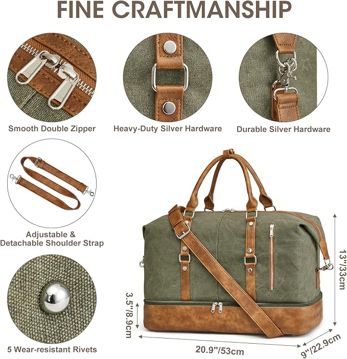 S-ZONE Weekender Bag for Men Canvas Duffle Overnight Travel Bag Army Green | Anti-wrinkle Canvas,Adjustable Shoulder Strap,1 Main Large Compartment and 7 Pockets,with Shoe Compartment - Image 5