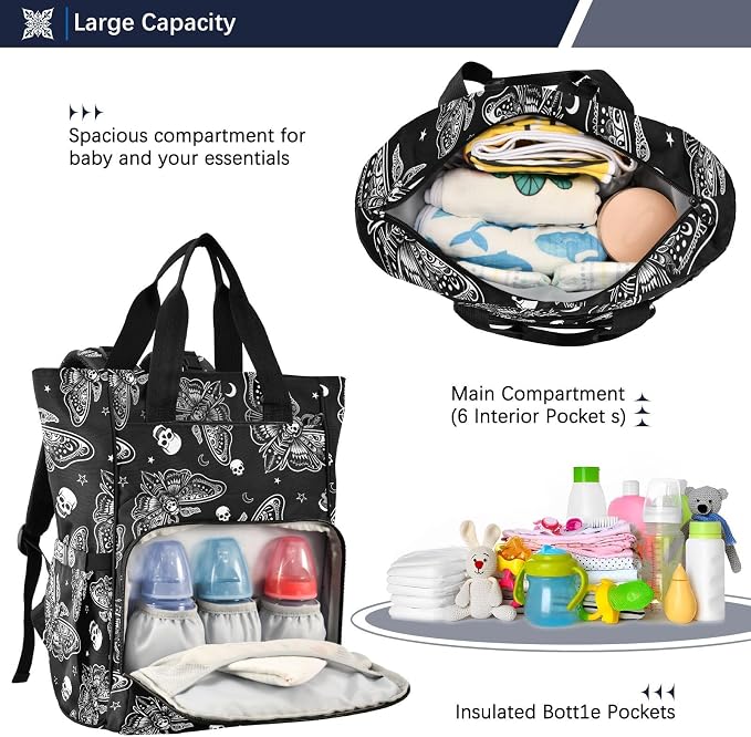 MNSRUU Diaper Bag Moth Skull Moon Esoteric Diaper Bag Backpack Multifunction Travel Diaper Bag Tote Large Capacity Diaper Changing Backpacks for Moms Dads - Image 5