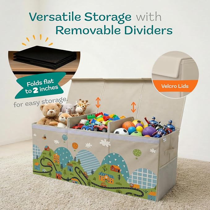 SoftOwl Extra Large Toy Storage Organizer with Lid - Sturdy, Collapsible Toy Chest Storage Box with Cute Design - Toys Bin with Dividers for Kids, Boys, Girls, Nursery, Bedroom, Play room 37"x16"x14" - Image 5