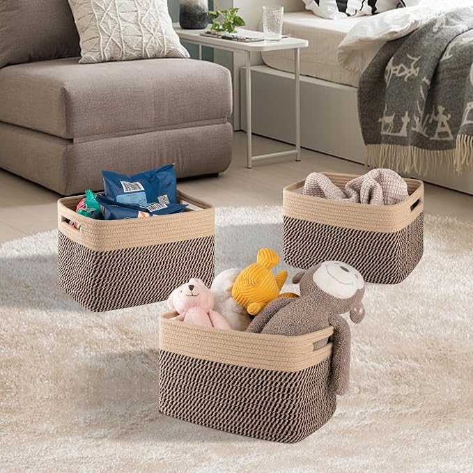 4 Pack Storage Baskets for Organizing, Woven Baskets for Shelves - Perfect for Toys, Books, Towels, and Clothes, Durable Gift Basket Bins Toy Storage, 12.7''L x9''W x7.8''H, Black and Brown - Image 4