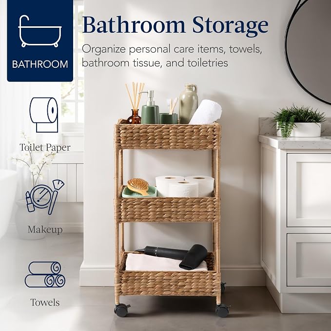 Best Choice Products 3-Tier Water Hyacinth Rolling Nursery Caddy w/Wheels, Utility Cart, Storage Organization for Bathroom, Craft Room, Laundry Room - Chestnut - Image 5