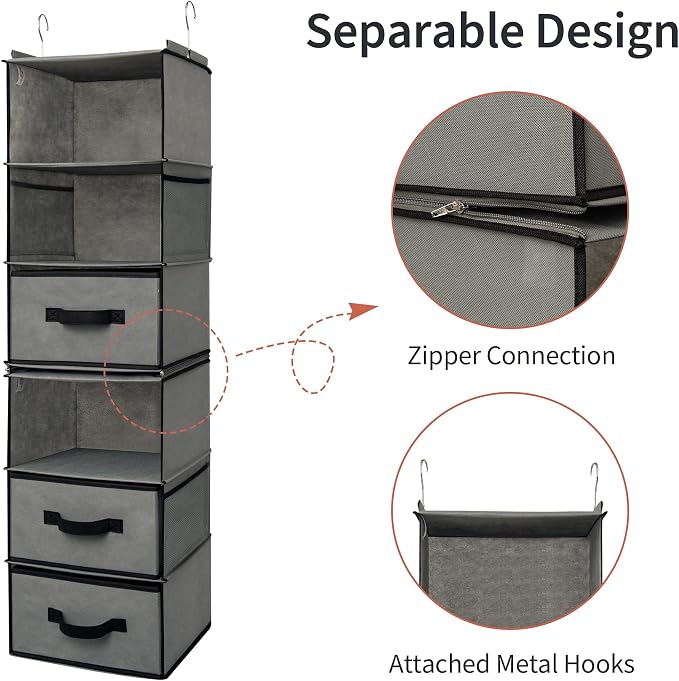 GRANNY SAYS Hanging Closet Organizer, 5 Drawers, 6 Shelves, 4 Pockets, Gray | Hanging Closet Organizer with 5 Different Drawer Designs, 6 Shelves & Reinforced Structure for Organized Small Spaces - Image 6