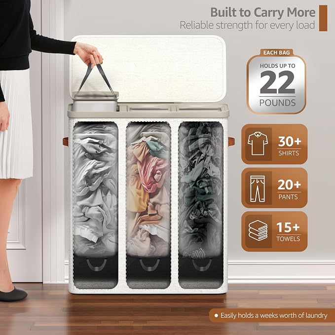 Sorbus Laundry Hamper with Lid - Collapsible 3-Compartment Fabric Laundry Basket with Handles and Removable Laundry Bag – 50 Gallon (190 L) Dirty Clothes Hamper for Bedroom, bathroom and dorm (Beige) - Image 5