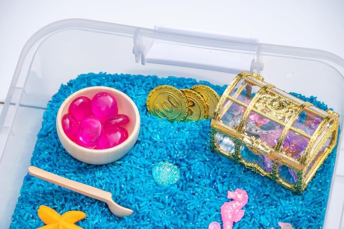 Mermaid Sensory Bin Kit for Kids | Blue Rice, Pinto Beans, Mermaids, Gems, Shells & Treasure Chest – Ocean-Themed Sensory Play with Storage Bin - Image 4