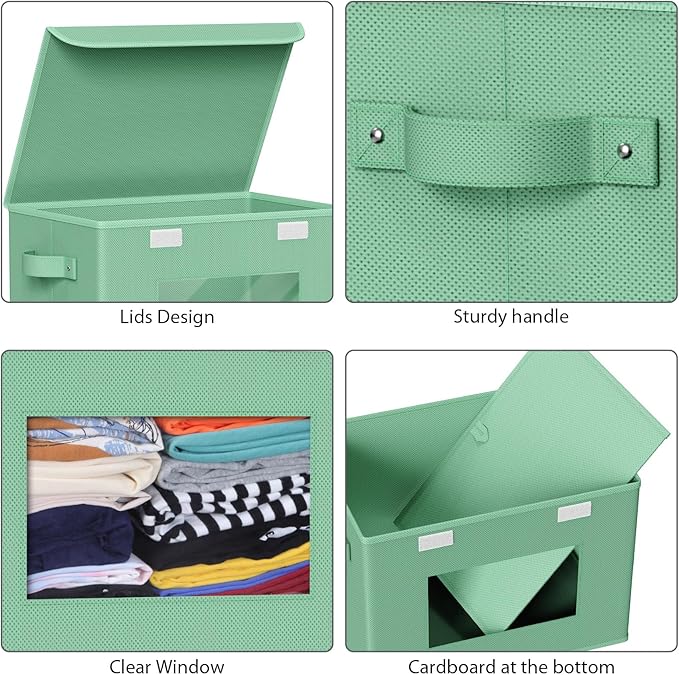 Univivi Fabric Foldable Storage Bins with Lids, 4 Pack, Green | Stackable Closet Storage Bins, Fabric Closet Organizers and Storage with Lid & Clear Window for Home, Office, Bedroom - Image 5