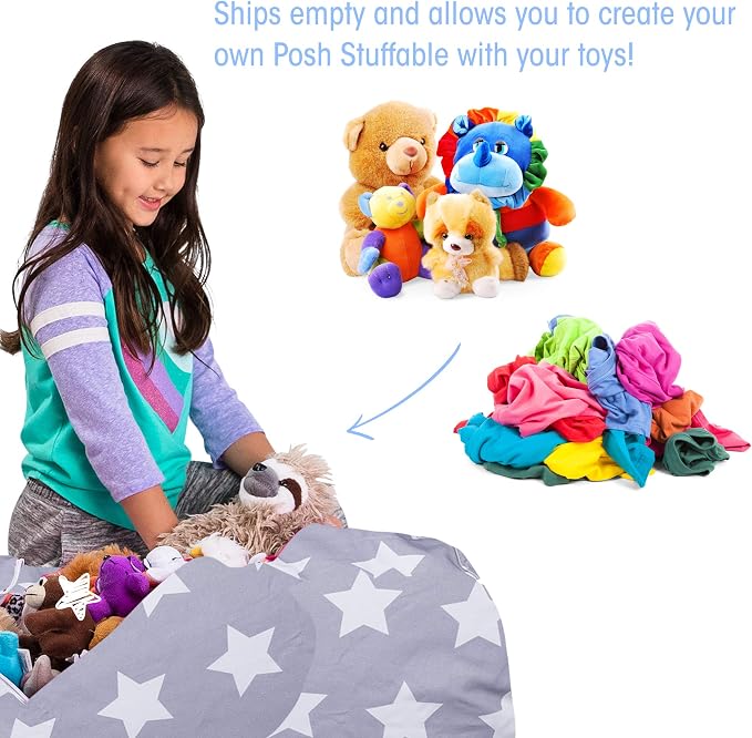 Posh Creations Kids Stuffed Animal Storage Bean Bag Chair Cover - Childrens Toy Organizer, Large-38in, Canvas White Stars on Gray - Image 3